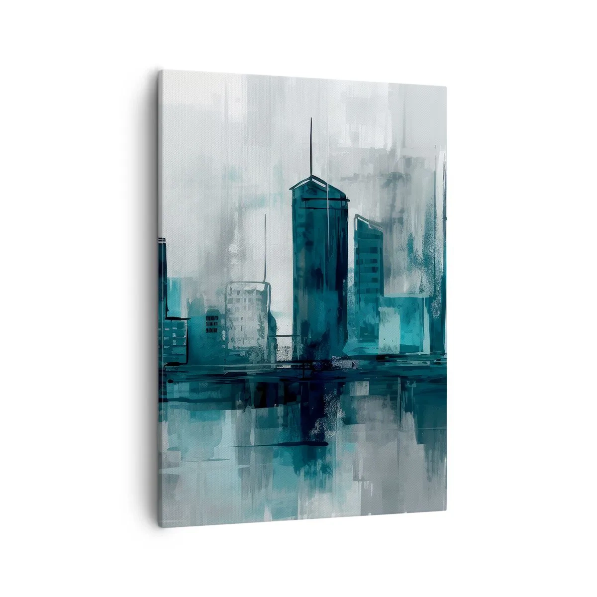 Quadro su tela - Stampe su Tela - Una città moderna nei toni del turchese e del grigio - 50x70cm - La città al colore della pioggia - Decorazione murale moderna per soggiorno e camera da letto ARTTOR