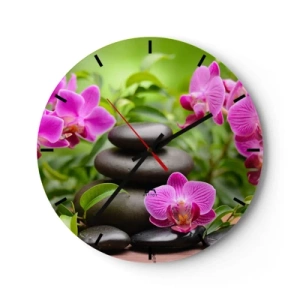 Orologio da parete - Orologio in Vetro - Pietre nere e orchidee rosa su sfondo verde - 30x30cm - Piramide di pace - Decorazione murale moderna per soggiorno, cucina e camera da letto ARTTOR