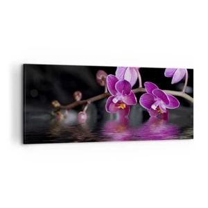 Quadro su tela - Stampe su Tela - Orchidee viola su acqua calma su sfondo nero - 120x50cm - La bellezza riflessa dai gigli - Decorazione murale moderna per soggiorno e camera da letto ARTTOR