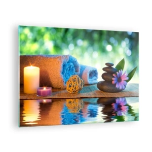 Quadro su vetro - Spa con asciugamani, candele e pietre sullo sfondo naturale - 70x50cm - Tempo per il corpo - Decorazione murale moderna per soggiorno e camera da letto ARTTOR