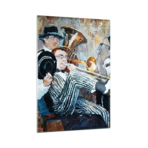 Quadro su vetro - Una jazz band in una scena impressionista e suggestiva - 50x70cm - Tutto il jazz - Decorazione murale moderna per soggiorno e camera da letto ARTTOR
