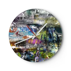 Orologio da parete - Orologio in Vetro - Collage astratto in vari colori con iscrizioni - 30x30cm - Collage di ricordi - Decorazione murale moderna per soggiorno, cucina e camera da letto ARTTOR