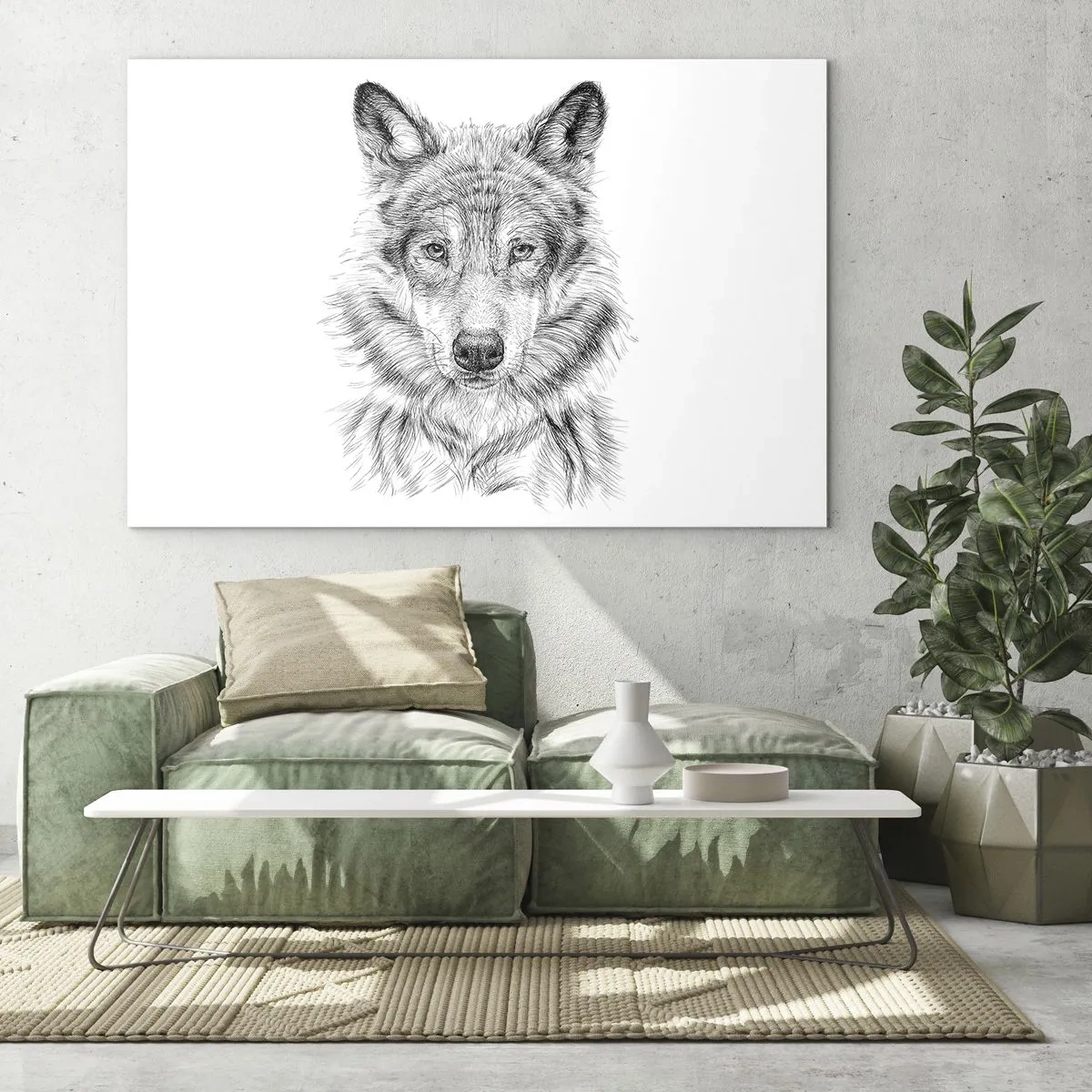 Quadro su vetro - Schizzo in bianco e nero di una testa di lupo su uno sfondo bianco - 70x50cm - Condottiero nato - Decorazione murale moderna per soggiorno e camera da letto ARTTOR