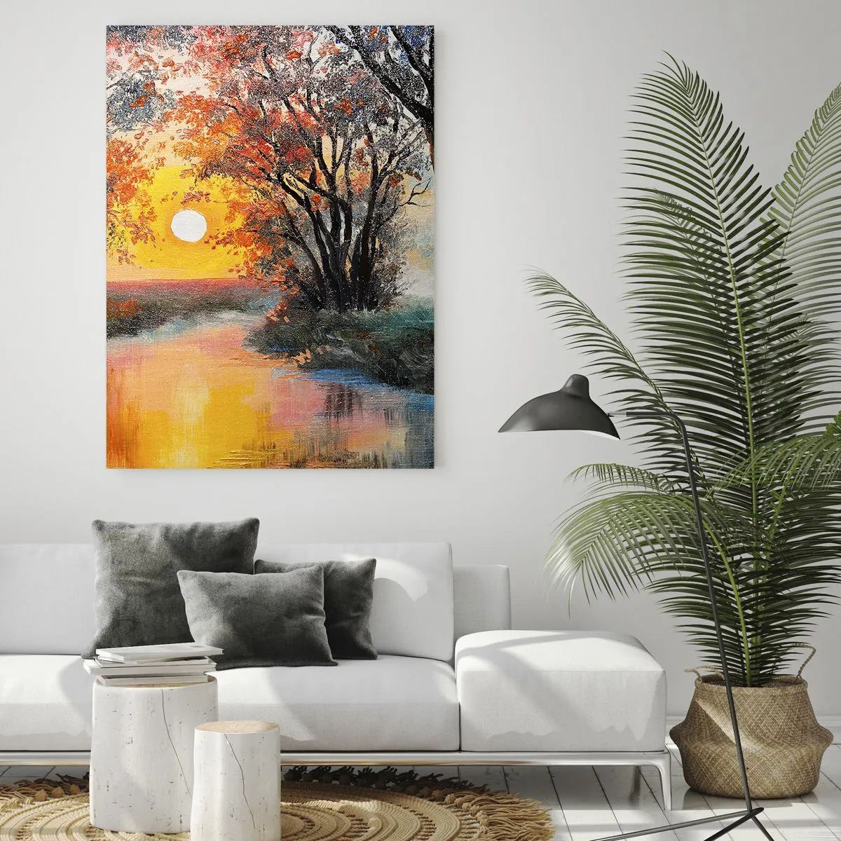 Quadro su vetro - Tramonto sul fiume in un paesaggio autunnale - 80x120cm - Atmosfera autunnale - Decorazione murale moderna per soggiorno e camera da letto ARTTOR