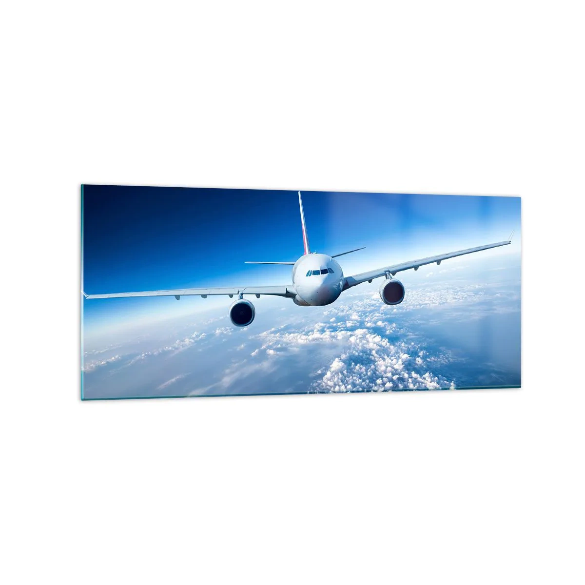 Quadro su vetro - Un aereo che vola sopra le nuvole contro un cielo blu - 120x50cm - Voglia di volare - Decorazione murale moderna per soggiorno e camera da letto ARTTOR