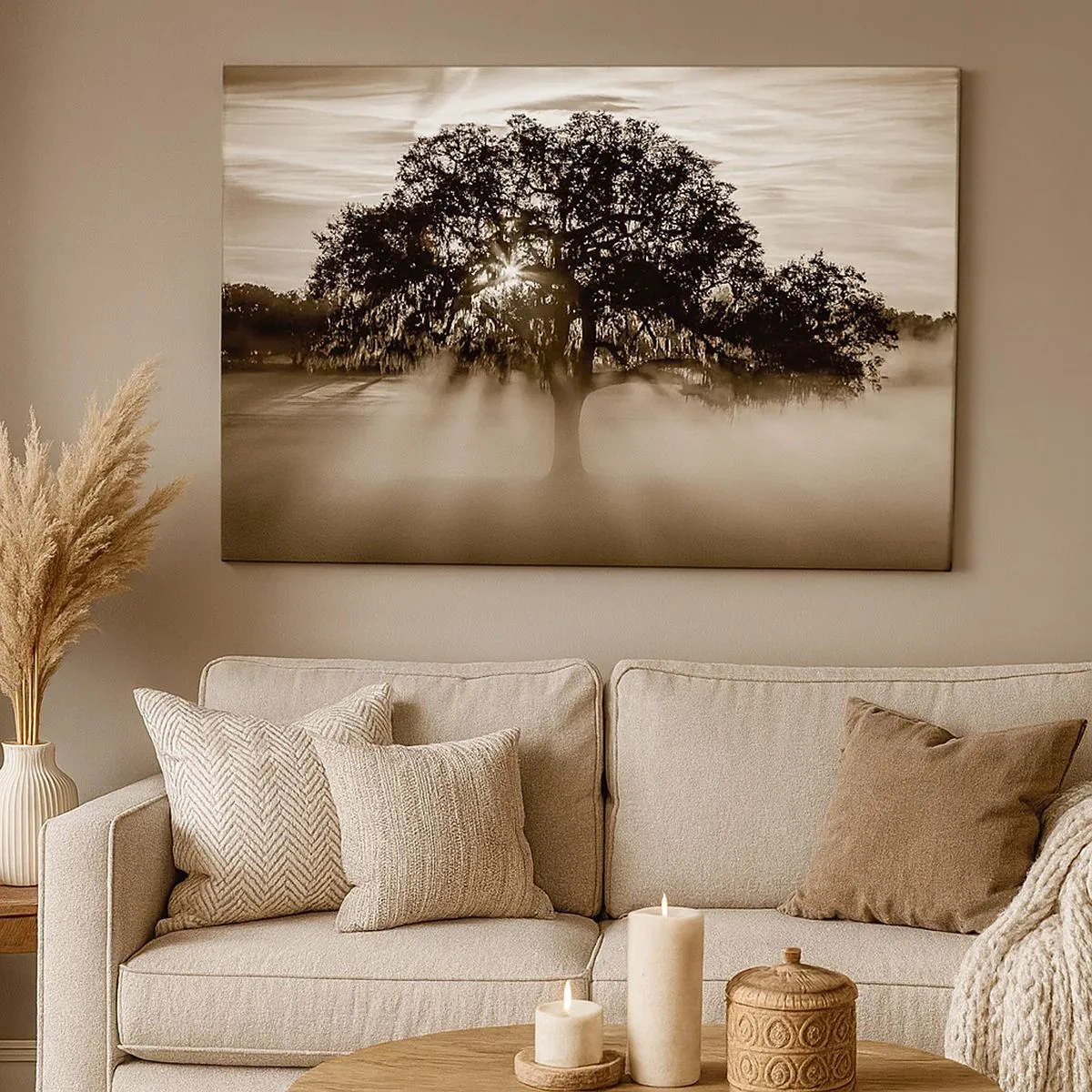 Quadro su tela - Stampe su Tela - Raggi di sole che brillano attraverso un albero solitario - 70x50cm - L'albero delle sole buone notizie - Decorazione murale moderna per soggiorno e camera da letto ARTTOR