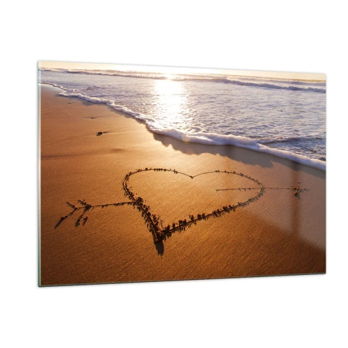 Quadro su vetro - Un cuore disegnato sulla sabbia illuminato dai raggi del sole - 120x80cm - Dichiarazione delle vacanze - Decorazione murale moderna per soggiorno e camera da letto ARTTOR