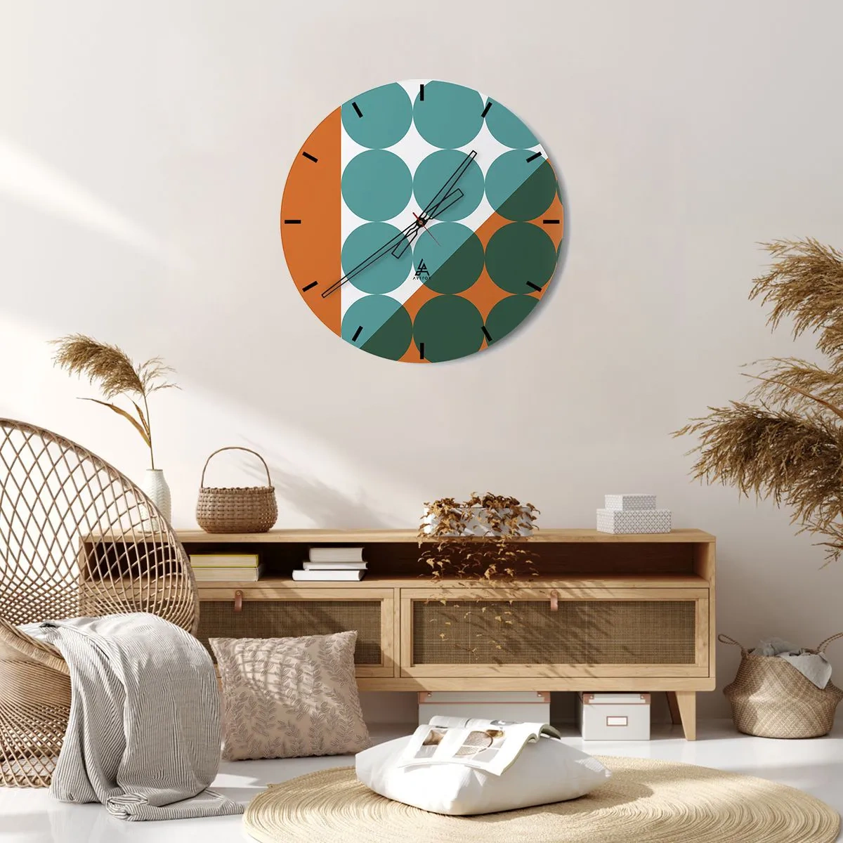 Orologio da parete - Orologio in Vetro - Cerchi geometrici nei toni del verde e dell'arancione - 30x30cm - In alto obliquo - Decorazione murale moderna per soggiorno, cucina e camera da letto ARTTOR