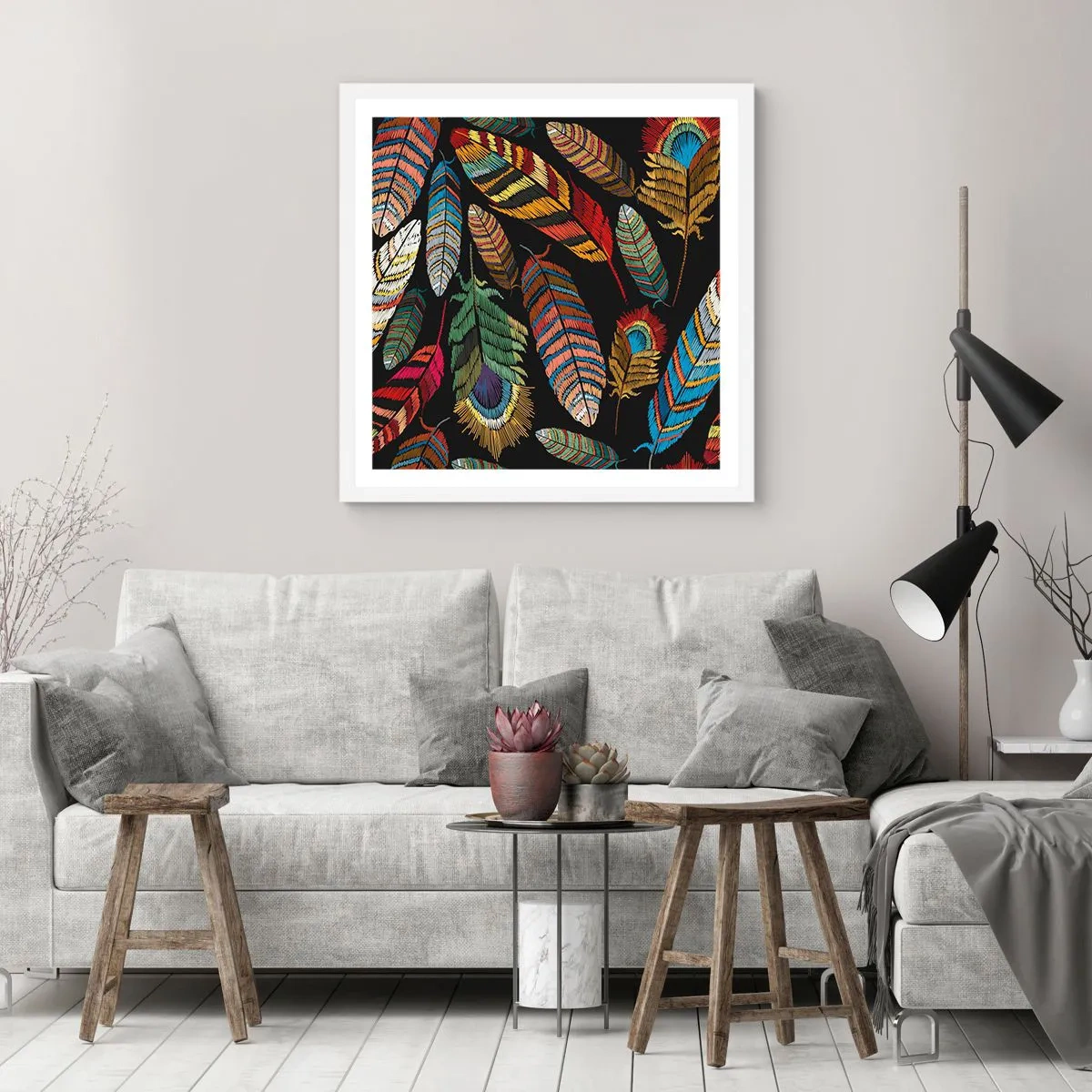 Poster in cornice bianca - Il carnevale degli uccelli - 30x30 cm