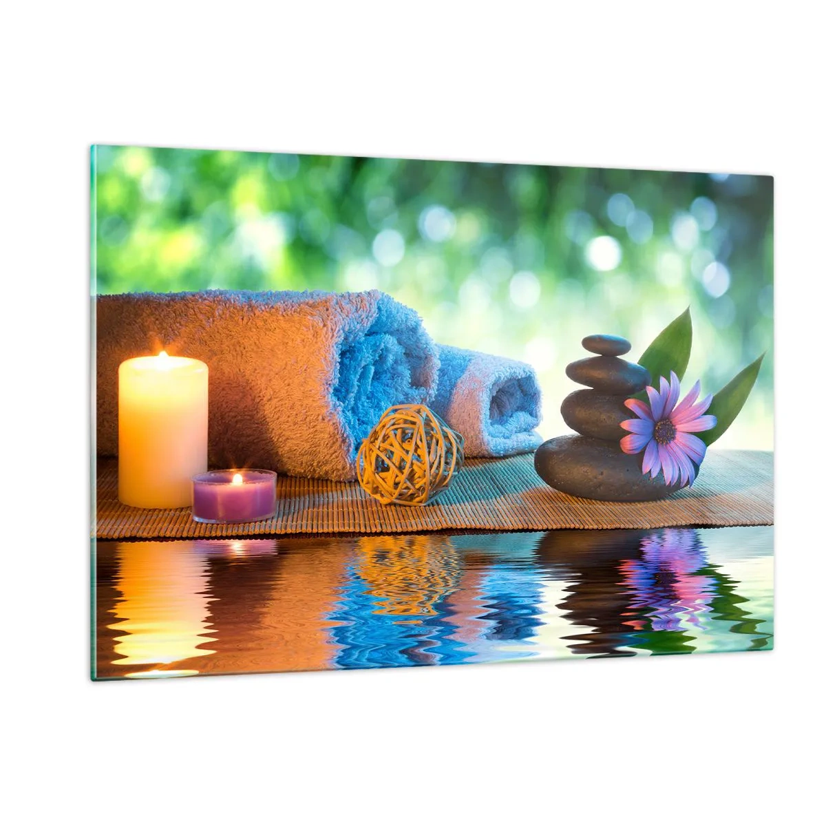 Quadro su vetro - Spa con asciugamani, candele e pietre sullo sfondo naturale - 120x80cm - Tempo per il corpo - Decorazione murale moderna per soggiorno e camera da letto ARTTOR