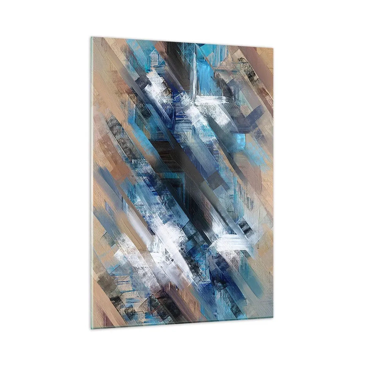 Quadro su vetro - Strisce diagonali astratte nei toni del blu, bianco e beige - 50x70cm - Sulla diagonale blu - Decorazione murale moderna per soggiorno e camera da letto ARTTOR