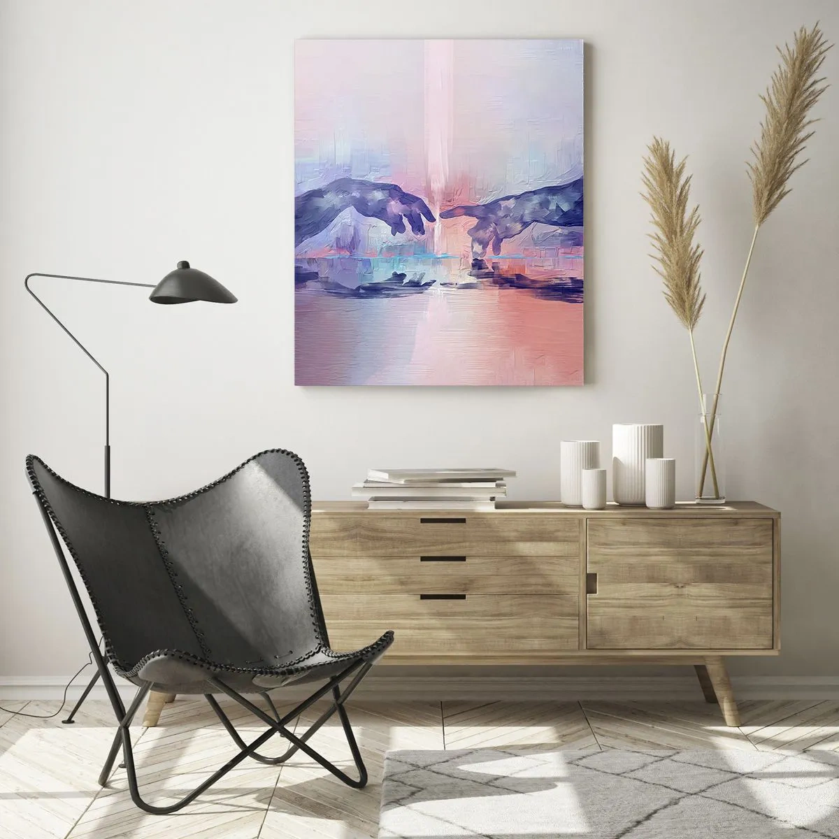 Quadro su vetro - Mani astratte che si avvicinano l'una all'altra su uno sfondo pastello. - 50x70cm - La scintilla divina della vita - Decorazione murale moderna per soggiorno e camera da letto ARTTOR