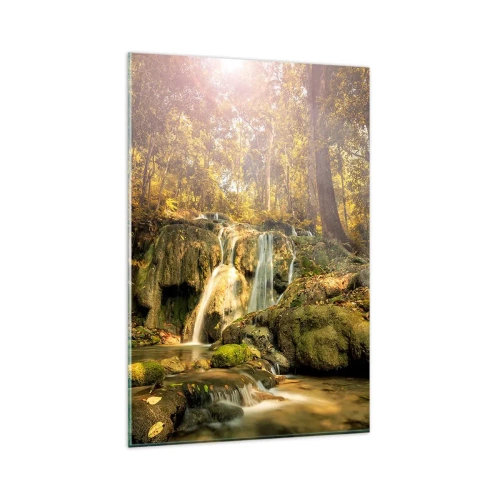 Quadro su vetro - Una cascata nella foresta sotto i raggi del sole, circondata dal verde - 80x120cm - Cascata boschiva in verde - Decorazione murale moderna per soggiorno e camera da letto ARTTOR