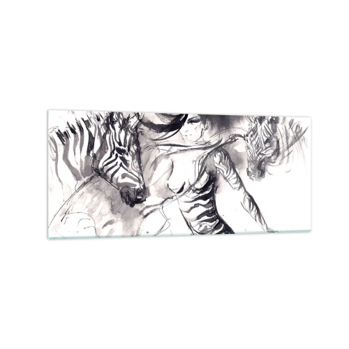 Quadro su vetro - Una donna in una danza dinamica con zebre in un'estetica in bianco e nero - 120x50cm - Ballando con le zebre - Decorazione murale moderna per soggiorno e camera da letto ARTTOR