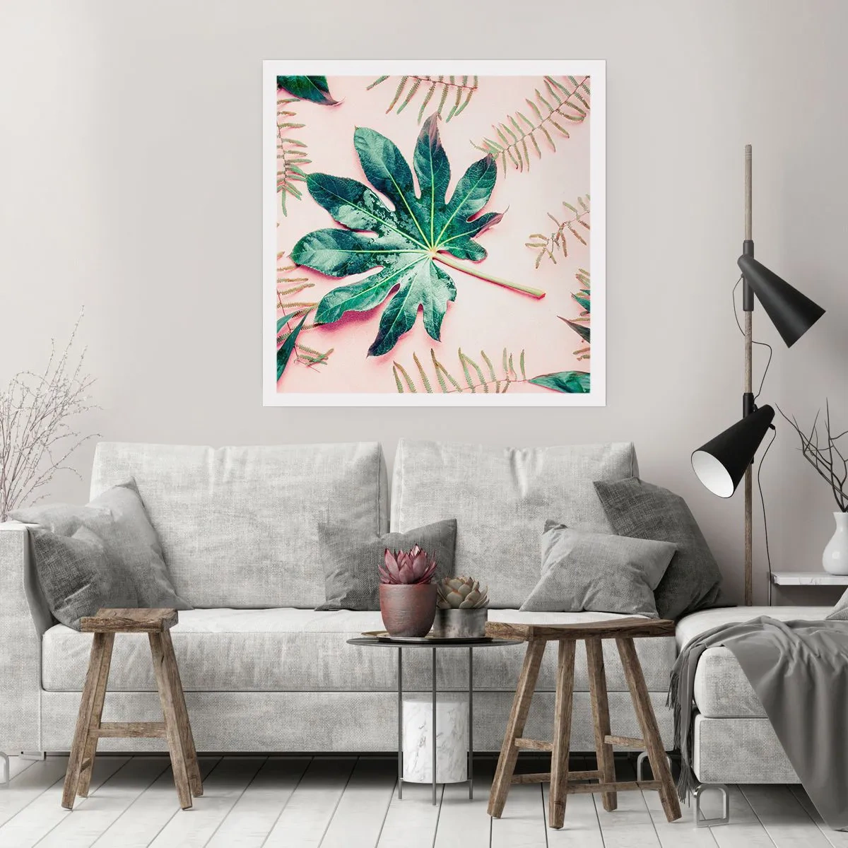 Poster - Studio di verde su sfondo rosa - 60x60 cm