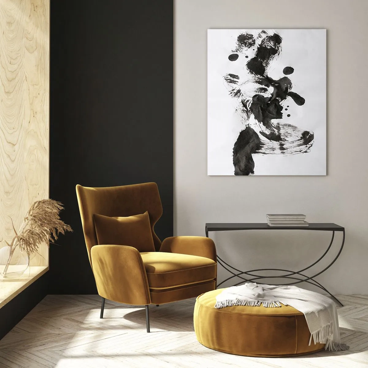 Quadro su vetro - Macchia nera astratta e pennellate su sfondo bianco - 50x70cm - C'è un senso nella follia? - Decorazione murale moderna per soggiorno e camera da letto ARTTOR