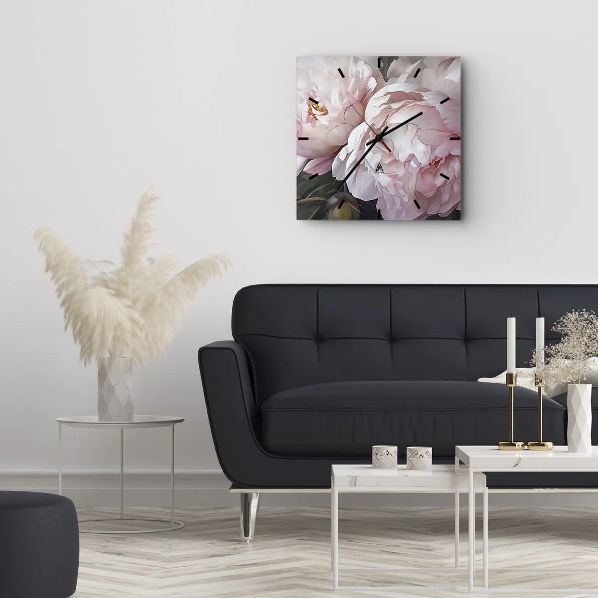Orologio da parete - Orologio in Vetro - Delicate peonie rosa in piena fioritura - 30x30cm - L'attimo della fioritura - Decorazione murale moderna per soggiorno e camera da letto ARTTOR