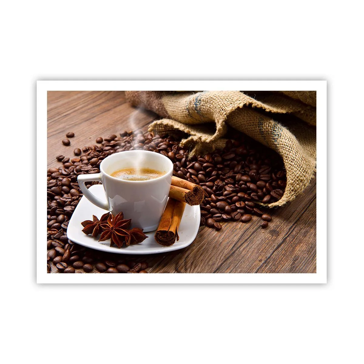 Poster - Una tazza di caffè con cannella e anice su uno sfondo di chicchi di caffè - 100x70cm - Sapore e profumo speziato - Decorazione murale moderna per soggiorno e camera da letto ARTTOR