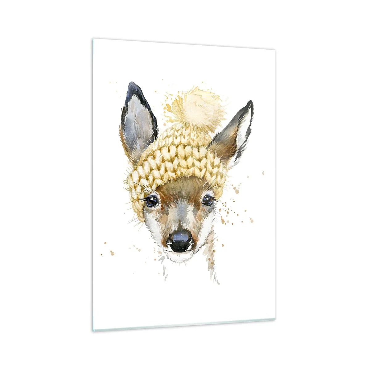 Quadro su vetro - Un capriolo con un cappello di lana con un pompon - 50x70cm - L'inverno nel bosco innevato - Decorazione murale moderna per soggiorno e camera da letto ARTTOR