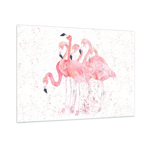 Quadro su vetro - Fenicotteri acquerellati su uno sfondo chiaro con punti delicati - 100x70cm - Gruppo in rosa - Decorazione murale moderna per soggiorno e camera da letto ARTTOR