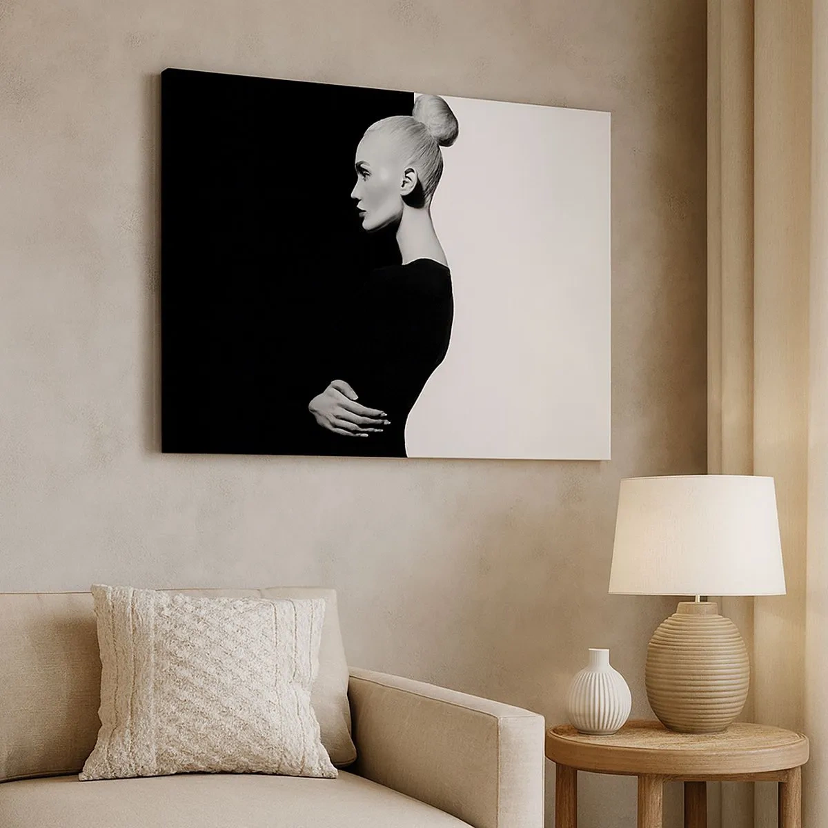 Quadro su tela - Stampe su Tela - Ritratto elegante di una donna su sfondo bianco e nero - 70x50cm - Semplicemente donna - Decorazione murale moderna per soggiorno e camera da letto ARTTOR