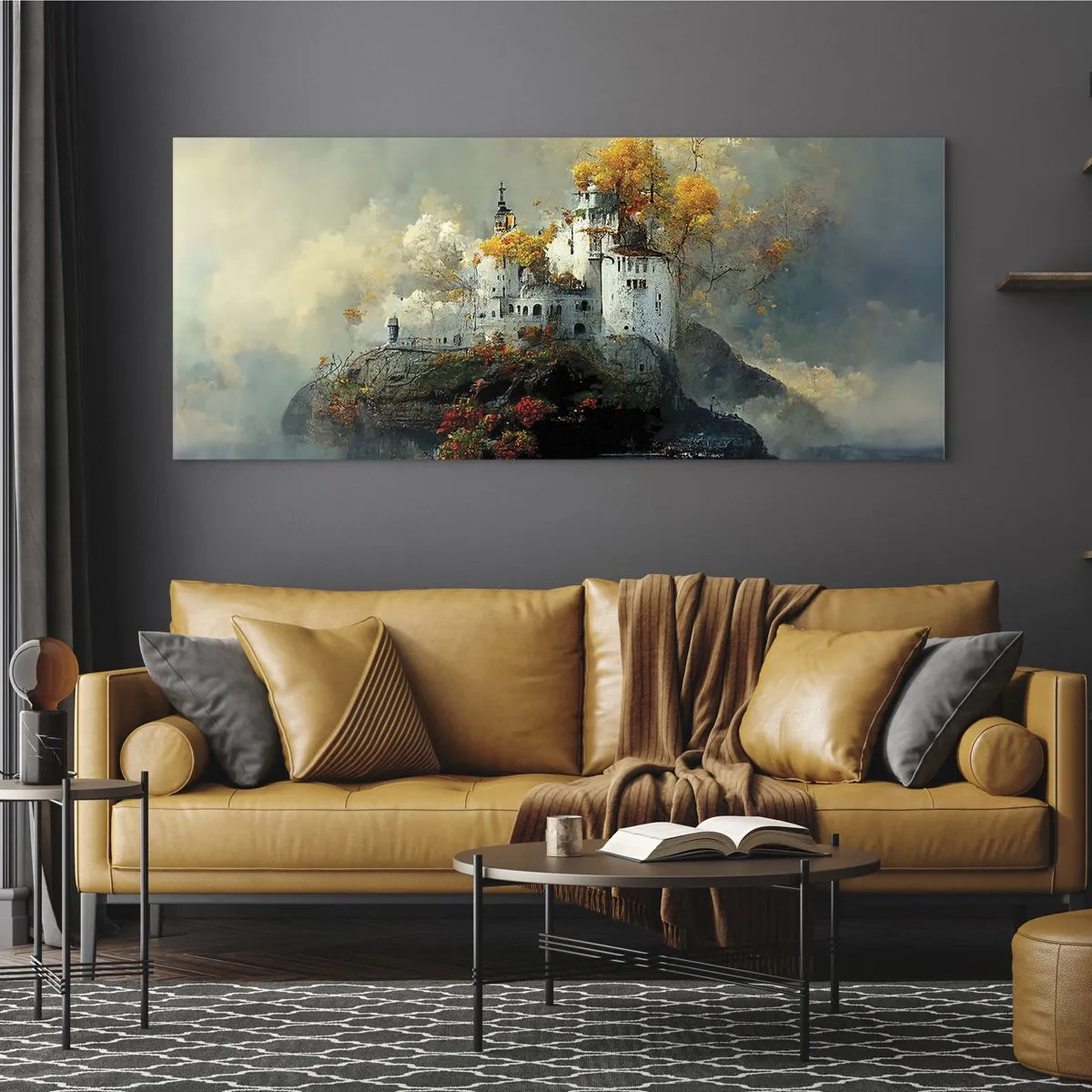 Quadro su vetro - Un castello su una collina circondato da alberi autunnali - 120x50cm - Inizio di una storia romantica - Decorazione murale moderna per soggiorno e camera da letto ARTTOR