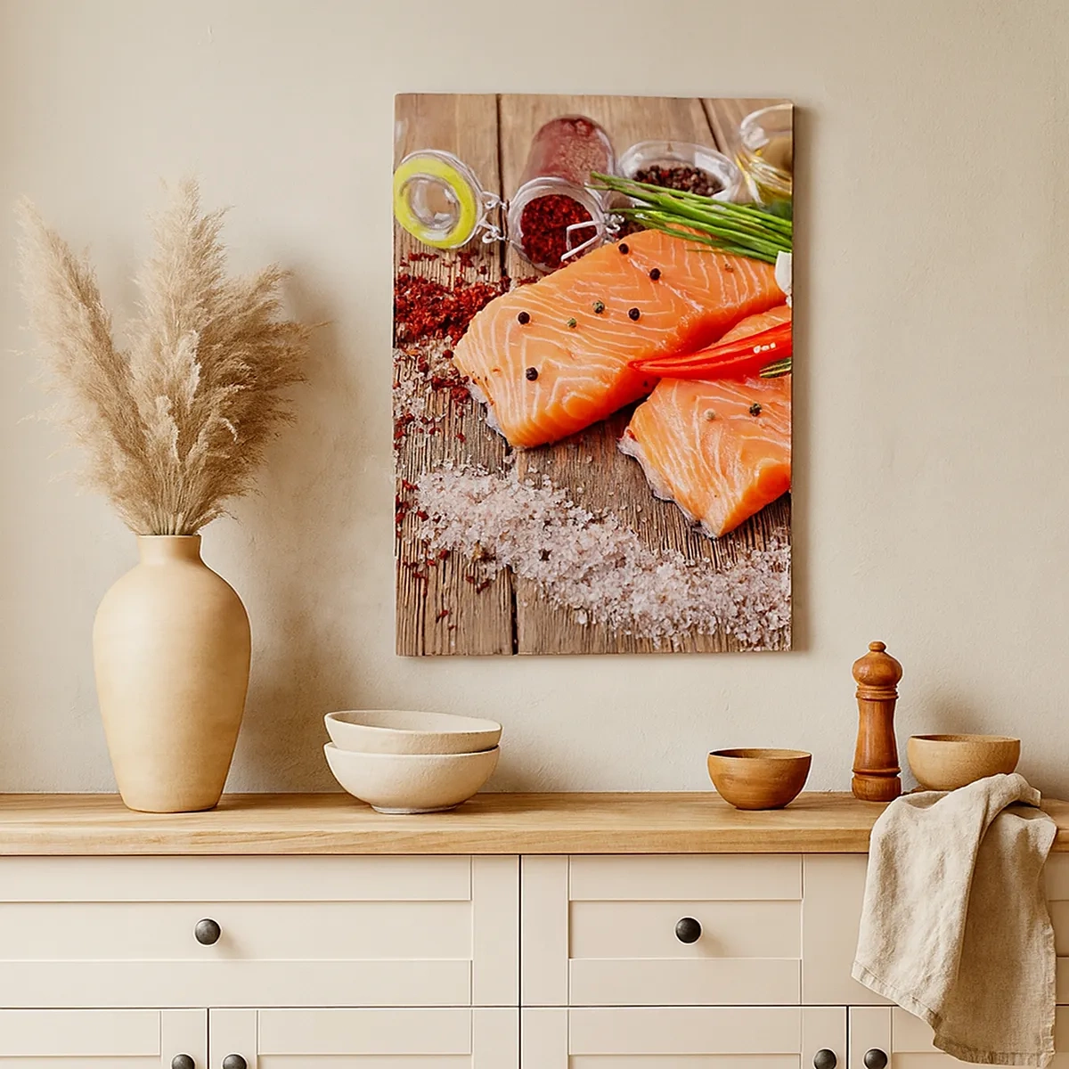 Quadro su tela - Stampe su Tela - Filetti di salmone con spezie su fondo di legno - 50x70cm - Avventura norvegese in cucina - Decorazione murale moderna per soggiorno e camera da letto ARTTOR