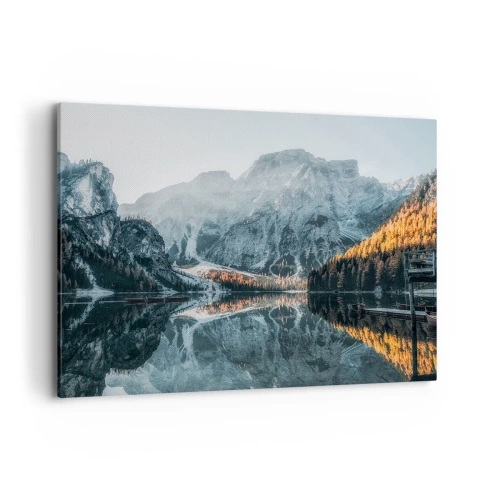 Quadro su tela - Stampe su Tela - Un paesaggio montano riflesso nella calma superficie di un lago - 100x70cm - Paesaggio allo specchio - Decorazione murale moderna per soggiorno e camera da letto ARTTOR