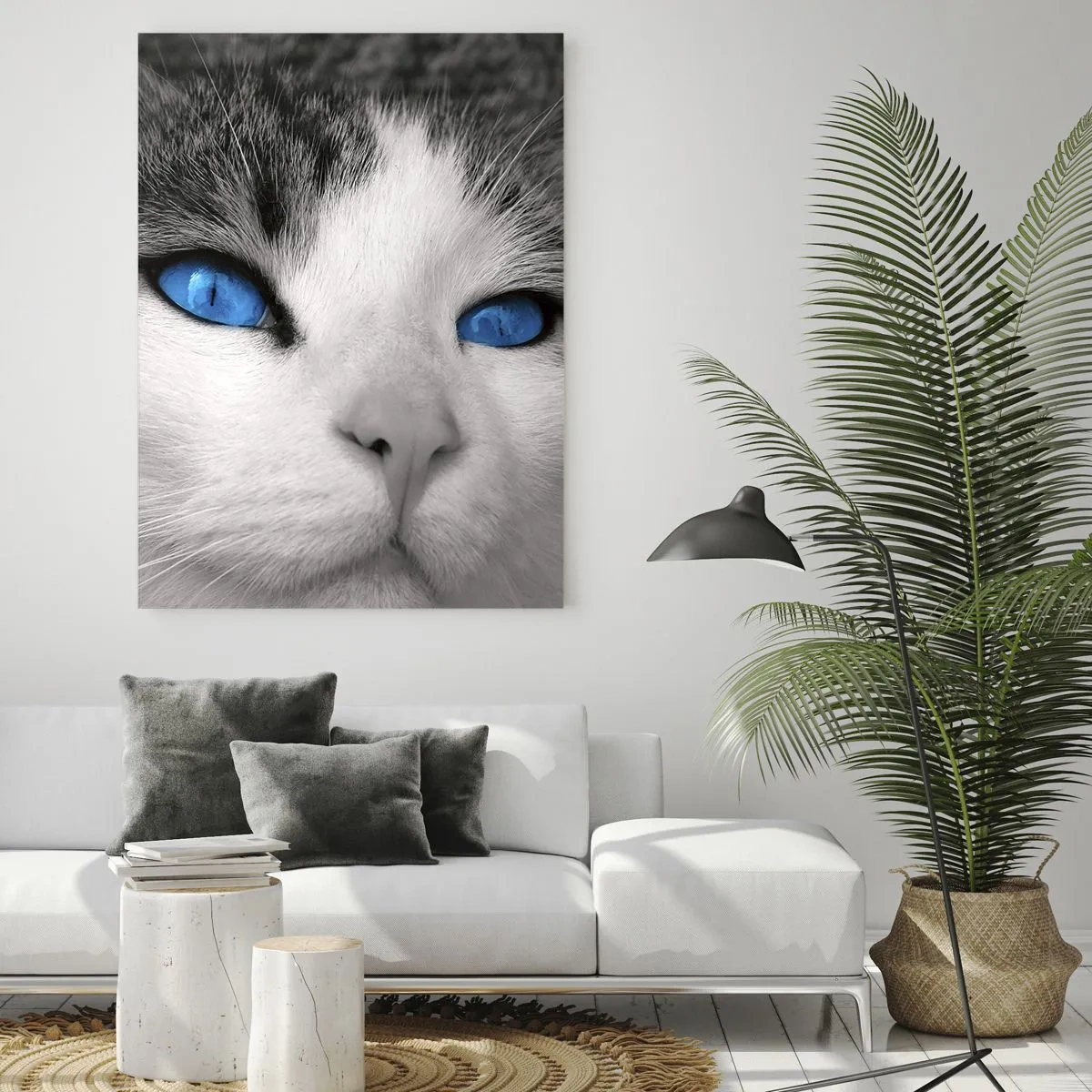 Quadro su vetro - Ritratto di un gatto con gli occhi azzurri in stile bianco e nero - 80x120cm - Insoliti occhi azzurri - Decorazione murale moderna per soggiorno e camera da letto ARTTOR