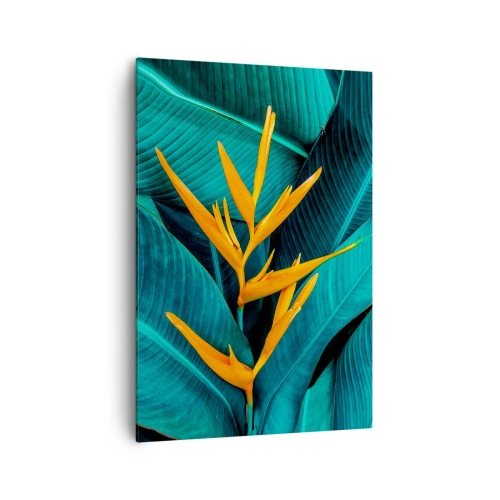 Quadro su tela - Stampe su Tela - Un fiore esotico su uno sfondo di foglie di banano in tonalità turchesi. - 70x100cm - Il fiore dell'Eden - Decorazione murale moderna per soggiorno e camera da letto ARTTOR