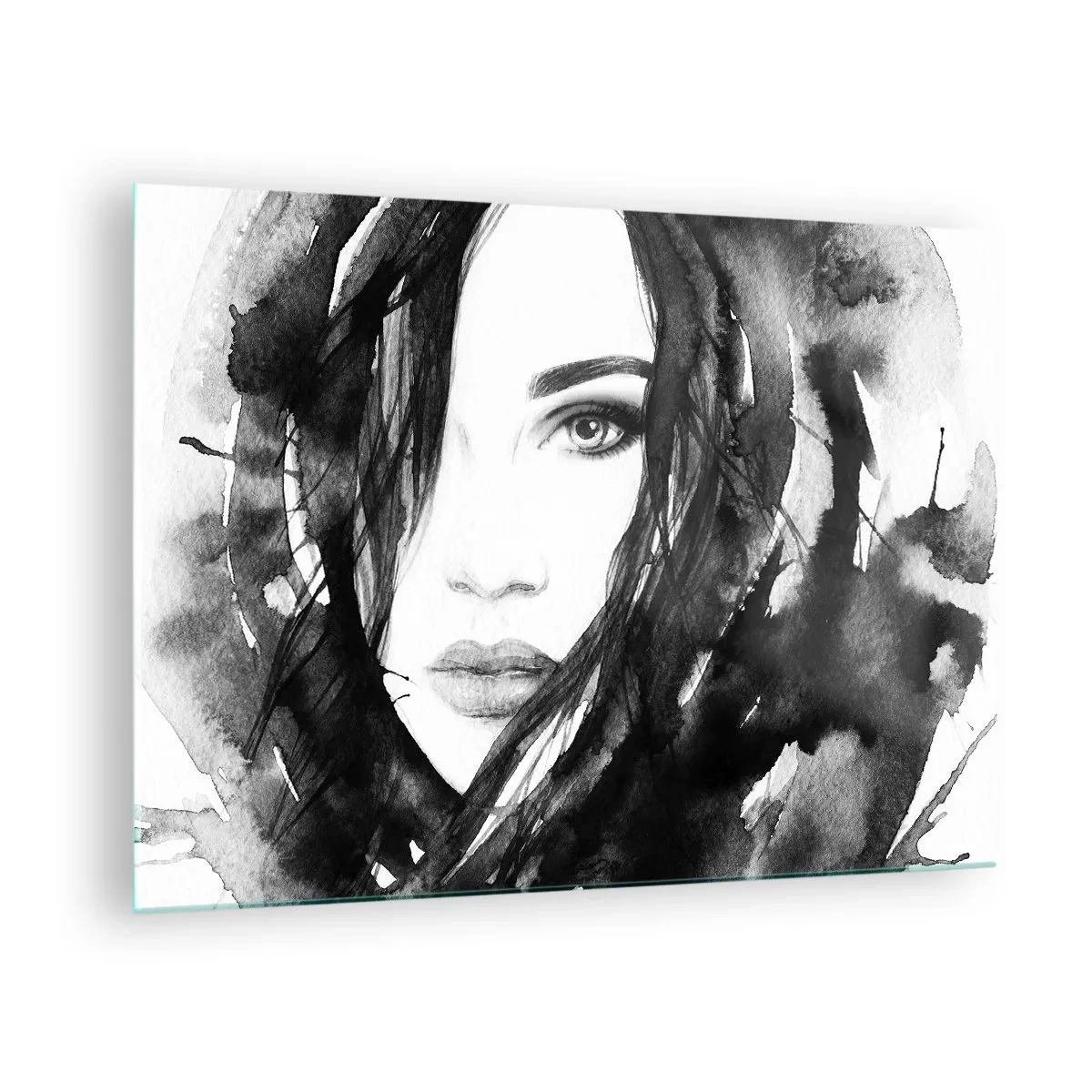 Quadro su vetro - Ritratti femminili in bianco e nero ad acquerello - 70x50cm - Ritratto di donna in bianco e nero - Decorazione murale moderna per soggiorno e camera da letto ARTTOR