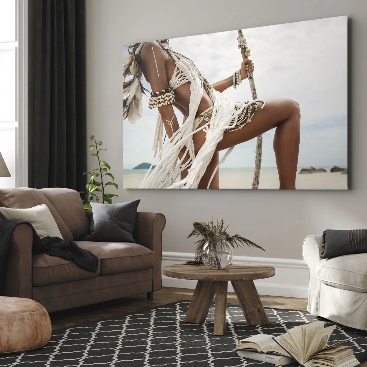 Quadro su tela - Stampe su Tela - Figura femminile con ornamenti e abiti etnici sullo sfondo di un paesaggio tropicale. - 70x50cm - La sacerdotessa del sole - Decorazione murale moderna per soggiorno e camera da letto ARTTOR