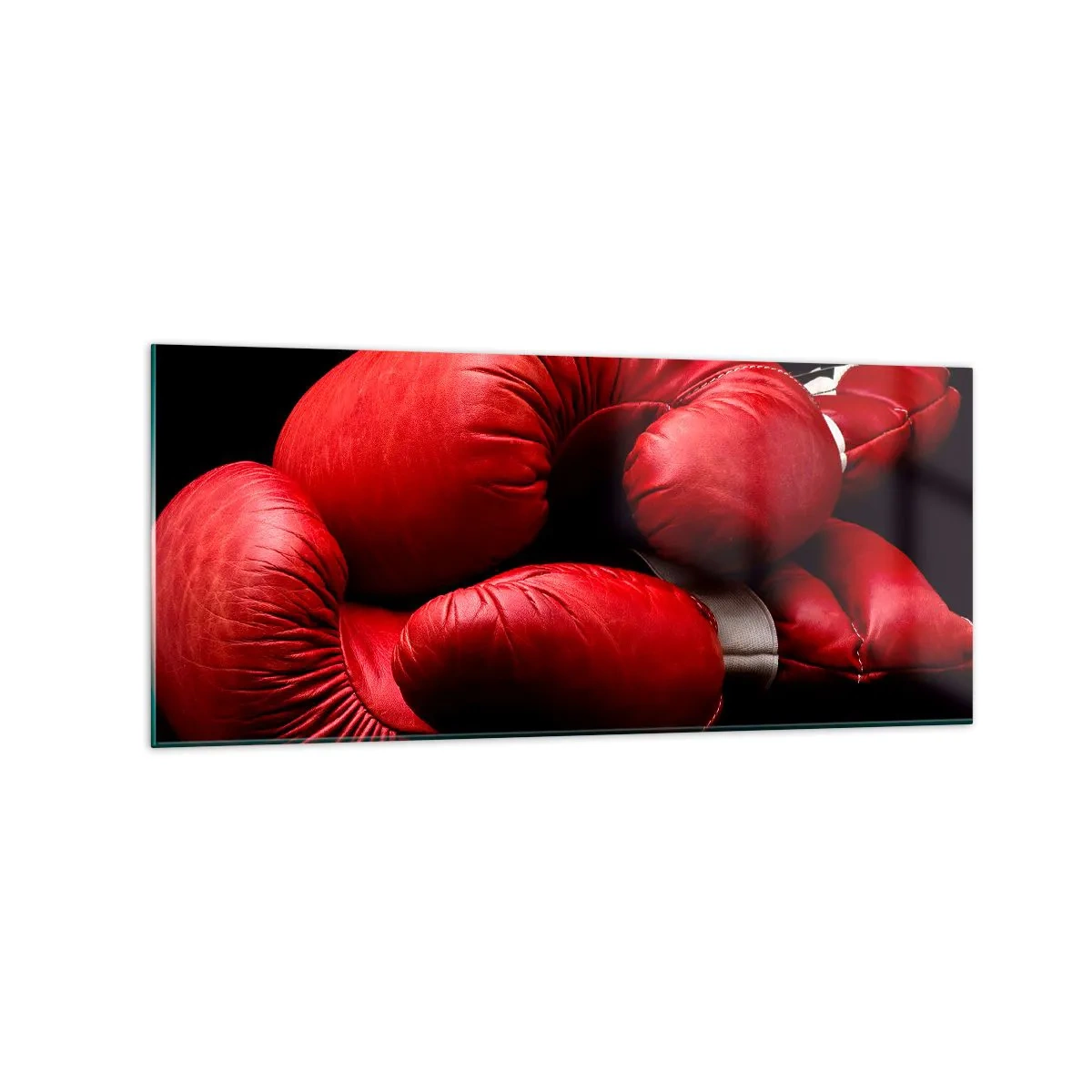 Quadro su vetro - Guantoni da boxe rossi su sfondo nero - 120x50cm - Dopo le emozioni del combattimento - Decorazione murale moderna per soggiorno e camera da letto ARTTOR