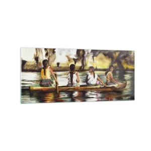 Quadro su vetro - Donne in barca su un fiume calmo con uno sfondo pittoresco - 120x50cm - Nel paradiso della Polinesia - Decorazione murale moderna per soggiorno e camera da letto ARTTOR