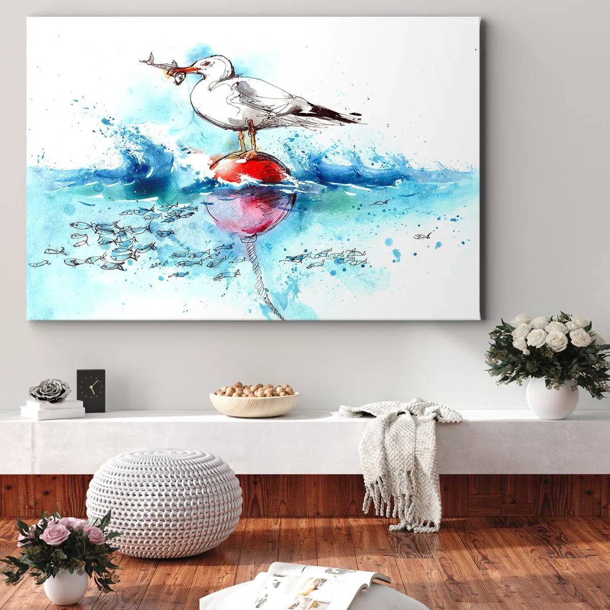 Quadro su tela - Stampe su Tela - Gabbiano su una boa con pesci sullo sfondo in stile acquerello - 100x70cm - Buona pesca - Decorazione murale moderna per soggiorno e camera da letto ARTTOR