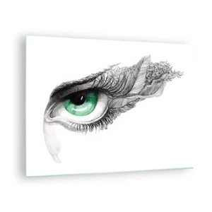 Quadro su vetro - Occhio verde con dettagli di piume e motivi astratti - 70x50cm - Bella e pronta all'attacco - Decorazione murale moderna per soggiorno e camera da letto ARTTOR