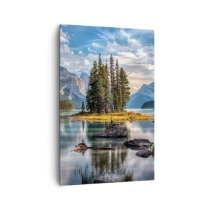 Quadro su tela - Stampe su Tela - Un paesaggio montano con un'isola circondata da un lago calmo - 80x120cm - Sulle acque grandi e limpide...  - Decorazione murale moderna per soggiorno e camera da letto ARTTOR