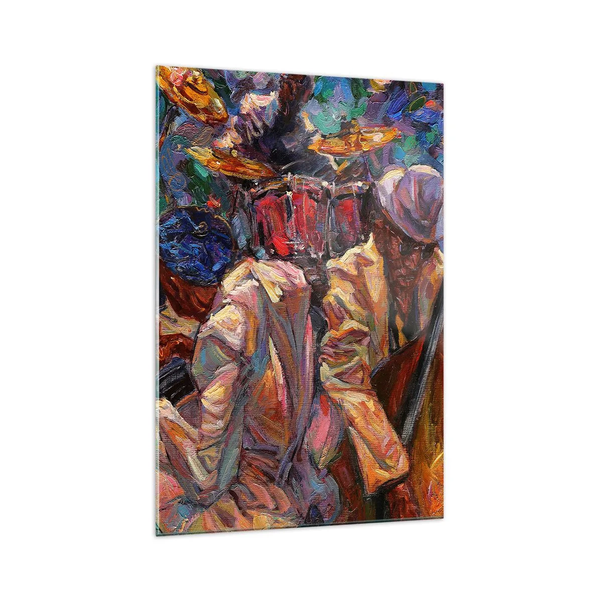 Quadro su vetro - Scena jazz energica con musicisti e strumenti - 70x100cm - In un unico ritmo - Decorazione murale moderna per soggiorno e camera da letto ARTTOR