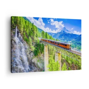 Quadro su tela - Stampe su Tela - Montagne russe su un ponte con vista su una cascata e sulle montagne - 70x50cm - Ferrovia alpina - Decorazione murale moderna per soggiorno e camera da letto ARTTOR