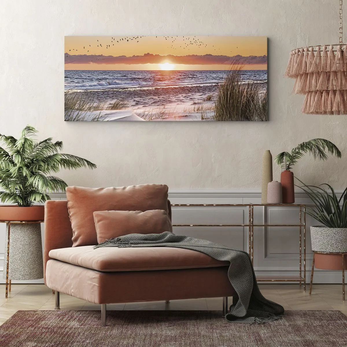 Quadro su tela - Stampe su Tela - Tramonto sul mare con vista sulle dune - 160x50cm - Paesaggio orizzontale - Decorazione murale moderna per soggiorno e camera da letto ARTTOR