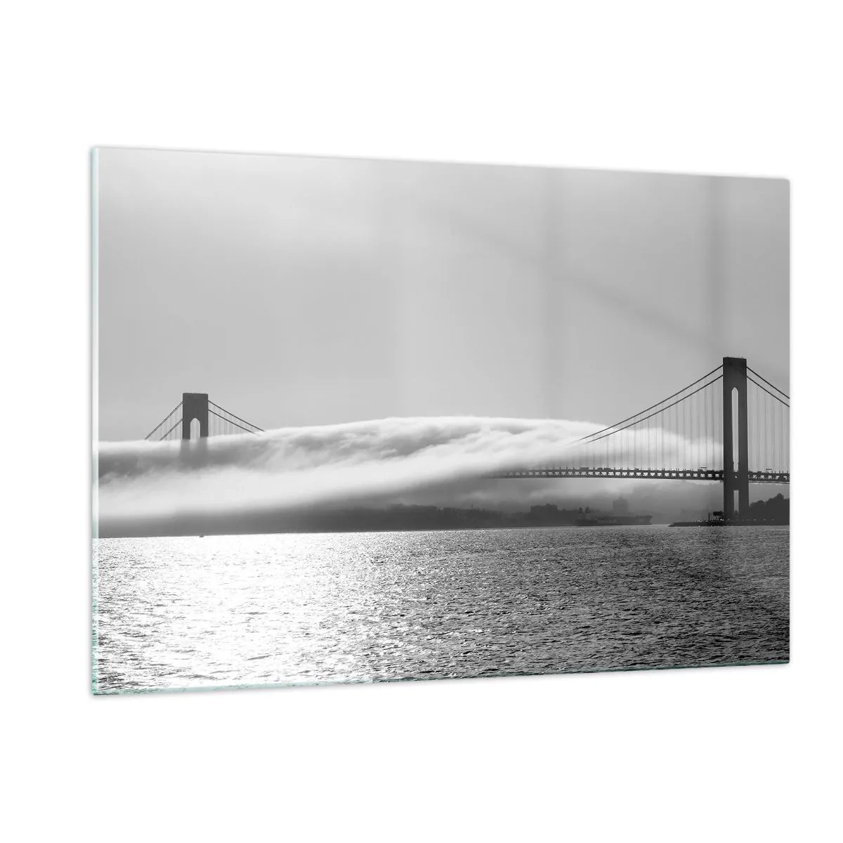 Quadro su vetro - Un ponte in bianco e nero con nebbia sull'acqua - 120x80cm - Navigare attraverso la Porta d'Oro - Decorazione murale moderna per soggiorno e camera da letto ARTTOR