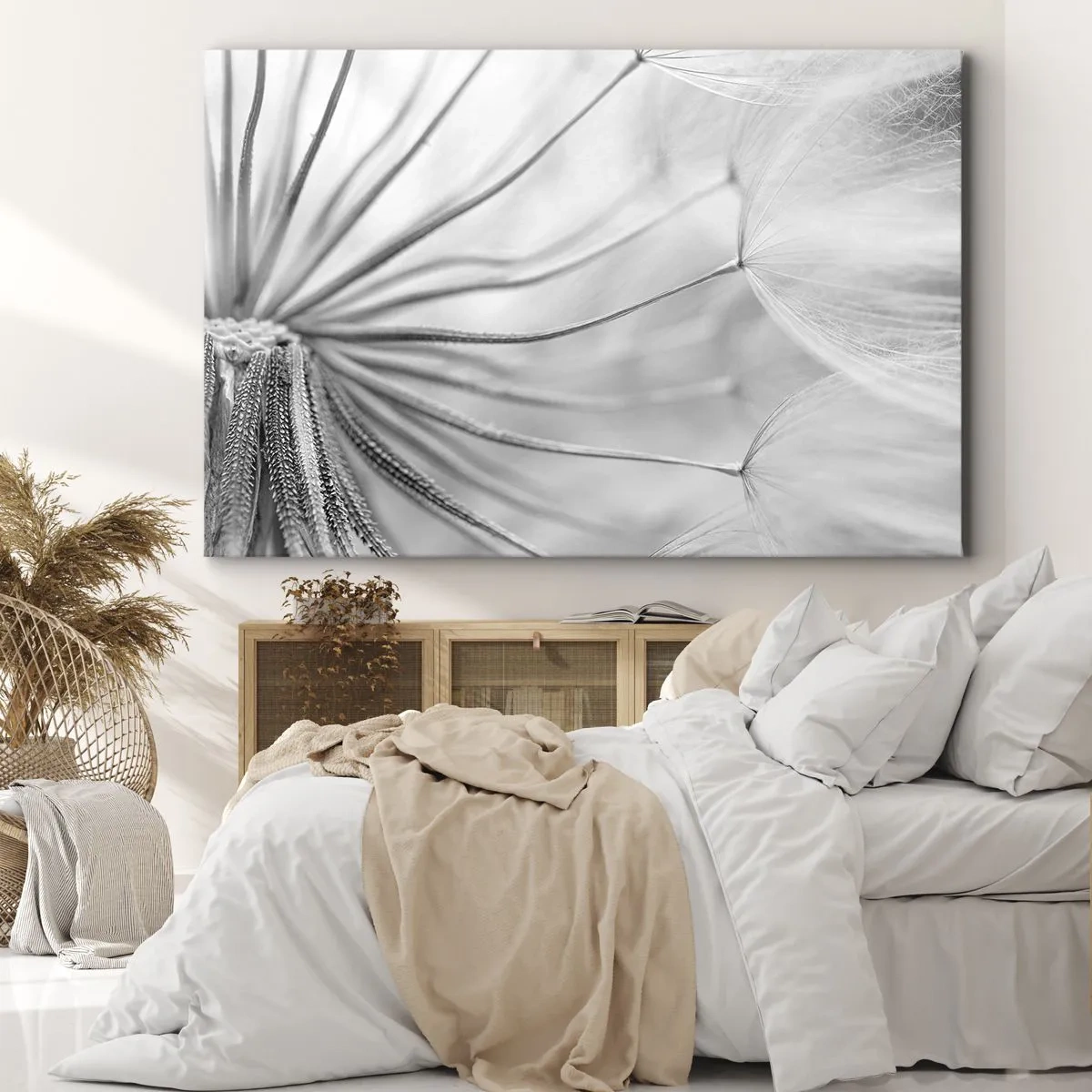 Quadro su tela - Stampe su Tela - Delicati denti di leone nei toni del bianco e del nero - 120x80cm - Denti di leone, aquiloni - Decorazione murale moderna per soggiorno e camera da letto ARTTOR