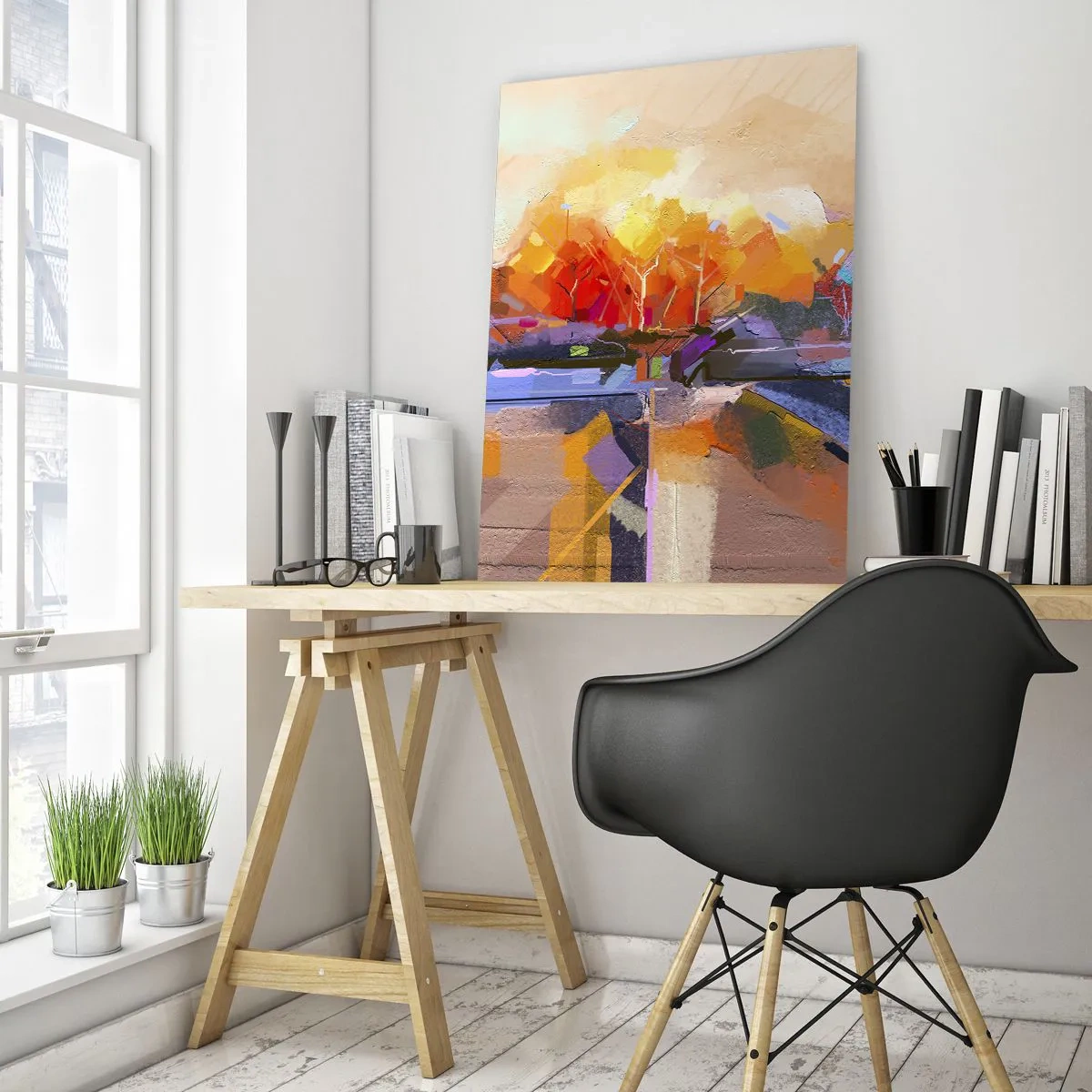 Quadro su vetro - Un paesaggio astratto con intensi colori autunnali. - 80x120cm - Si è fatto autunno - Decorazione murale moderna per soggiorno e camera da letto ARTTOR