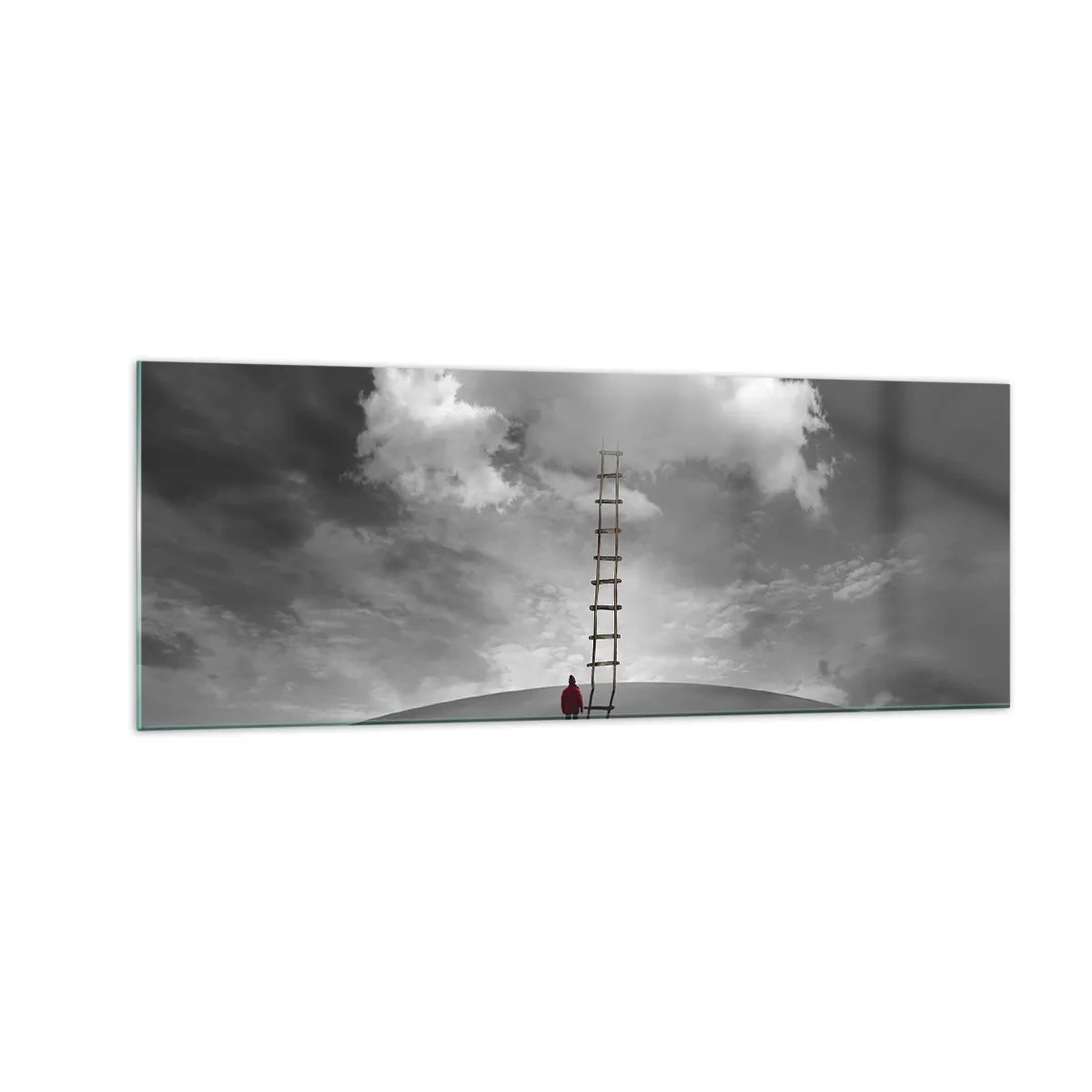 Quadro su vetro - Una persona con un cappotto rosso e una scala che porta a una nuvola - 140x50cm - Tutto è possibile - Decorazione murale moderna per soggiorno e camera da letto ARTTOR