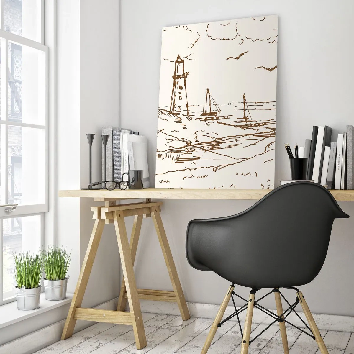 Quadro su vetro - Schizzo di un faro che domina il mare - 80x120cm - Schizzo dei ricordi d'estate - Decorazione murale moderna per soggiorno e camera da letto ARTTOR