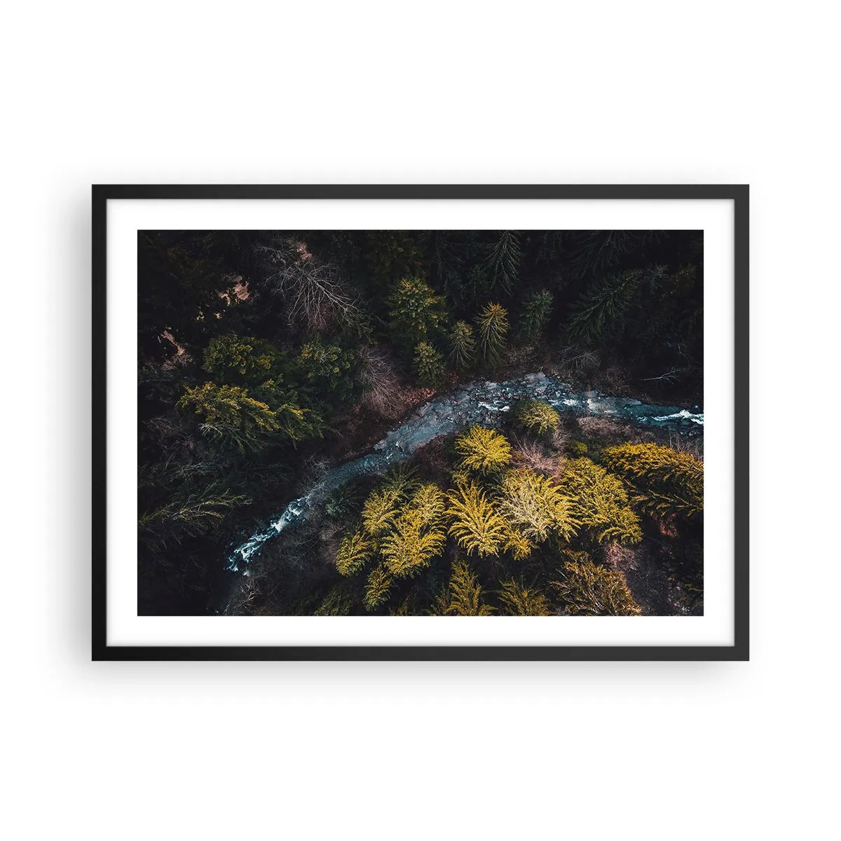 Poster in cornice nera - Una vista dall'alto di una foresta con un fiume tortuoso - 70x50cm - Sempre più veloce - Decorazione murale moderna per soggiorno e camera da letto ARTTOR