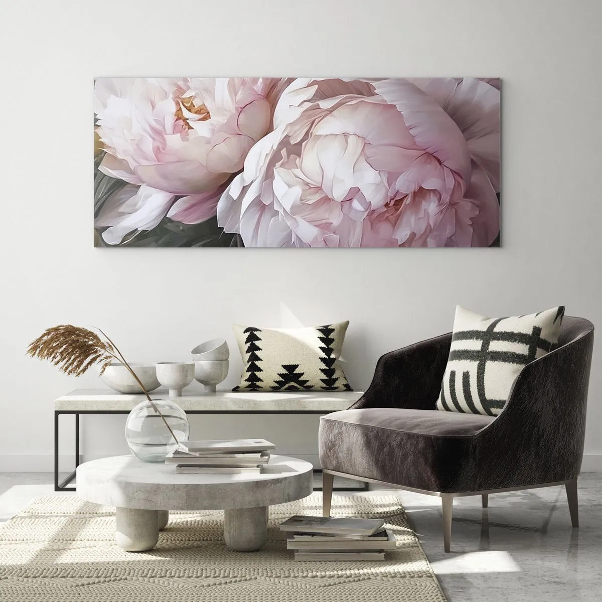 Quadro su vetro - Delicate peonie rosa in piena fioritura - 140x50cm - L'attimo della fioritura - Decorazione murale moderna per soggiorno e camera da letto ARTTOR
