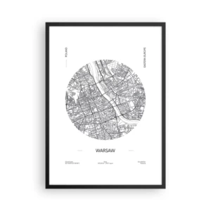 Poster in cornice nera - Mappa minimalista di Varsavia in un cerchio - 50x70cm - Anatomia di Varsavia - Decorazione murale moderna per soggiorno e camera da letto ARTTOR