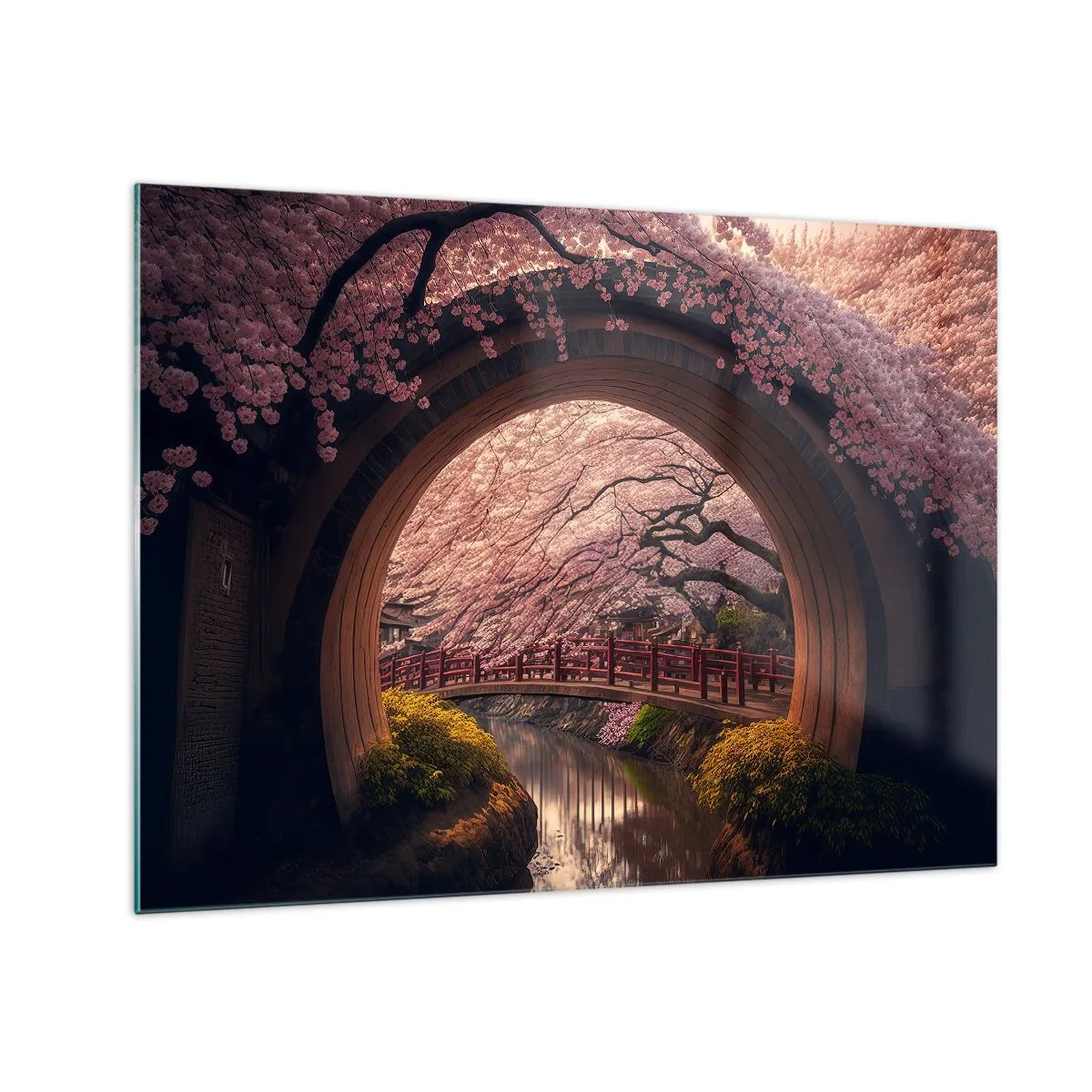 Quadro su vetro - Fiori di ciliegio e un ponte giapponese visti attraverso il cancello rotondo - 70x50cm - Primavera giapponese - Decorazione murale moderna per soggiorno e camera da letto ARTTOR