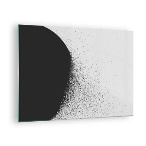 Quadro su vetro - Astrazione di una massa nera che cade a pezzi su uno sfondo bianco - 70x50cm - Il movimento delle particelle - Decorazione murale moderna per soggiorno e camera da letto ARTTOR